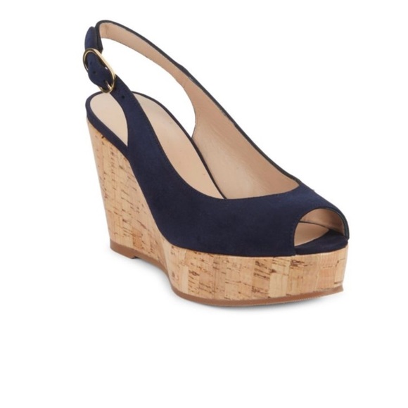 Stuart Weitzman Jean Suede Slingback Wedge Sandals size 8 1/2 Blue - Picture 1 of 12